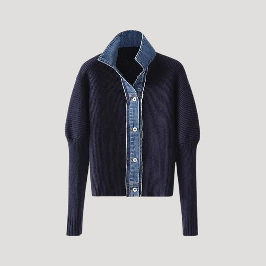 Navy ribbed cardigan with contrast denim-look trim | Marin
